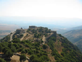 The front section of the Nimrod Fortress with the Hula Valley in the background as viewed from the back section with the city area in the foreground